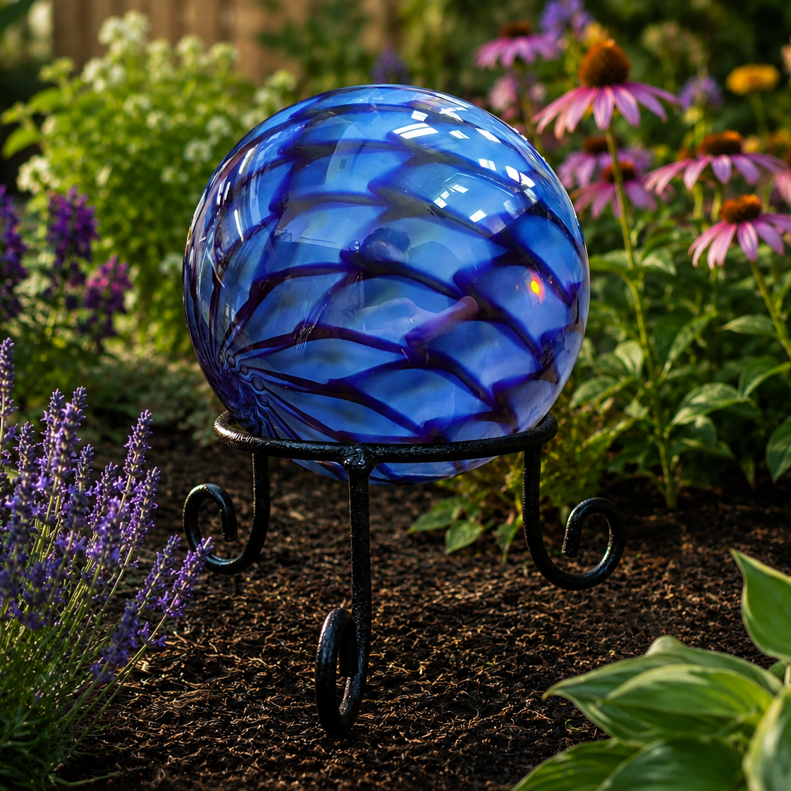 hand blown grazing globe on stand in garden